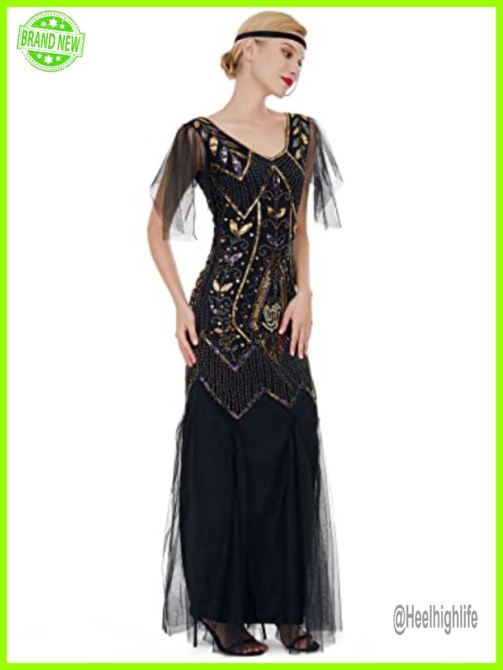 1920s Art Deco Sequin Maxi Dress V-Neck Flutter Sleeve Evening Gown